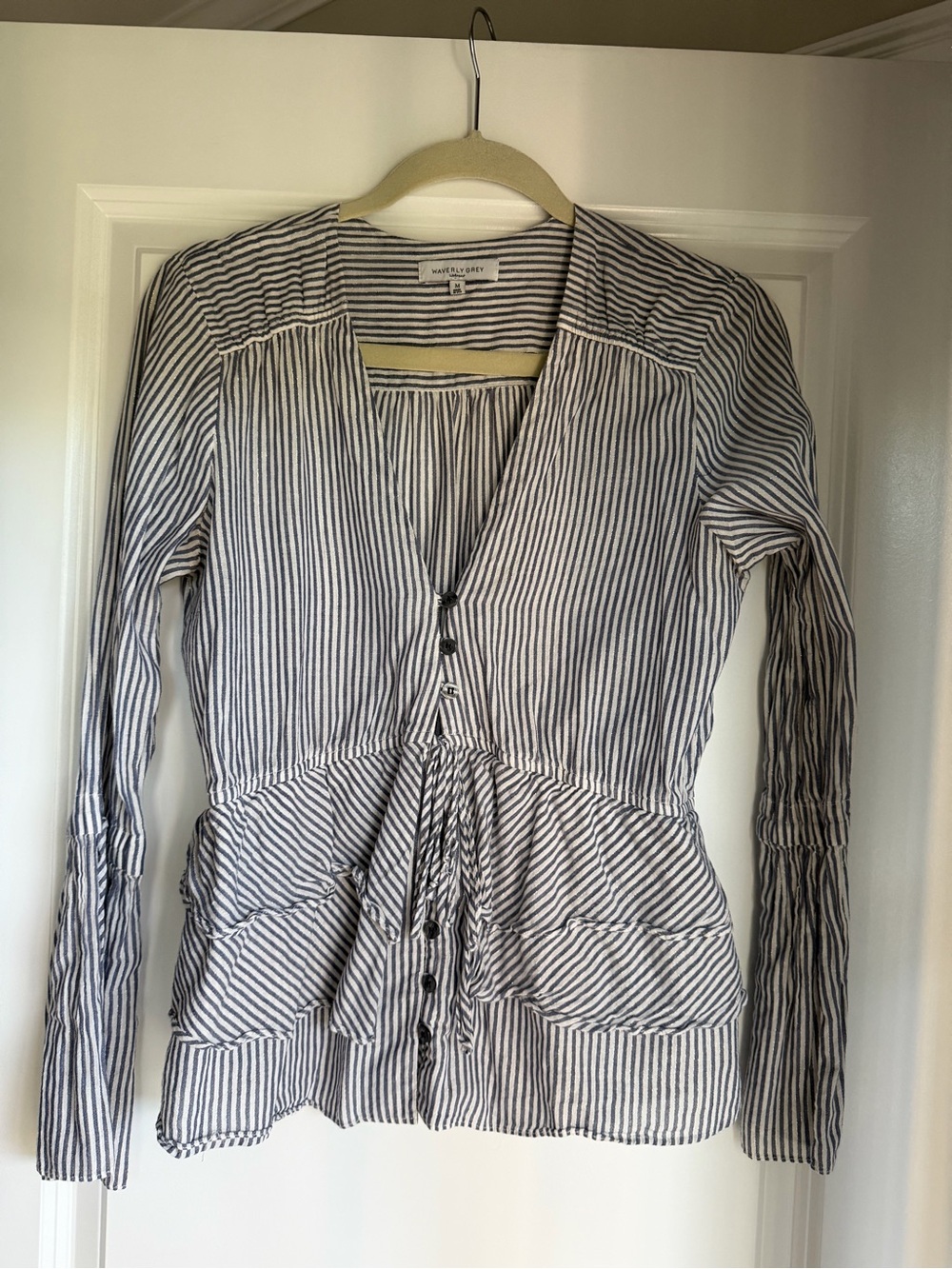 Waverly Grey White and Navy Striped Button-Front Peplum Blouse